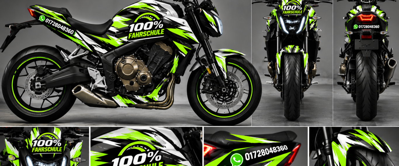 Motorrad im grün-schwarzen Design der 100% Fahrschule Chemnitz